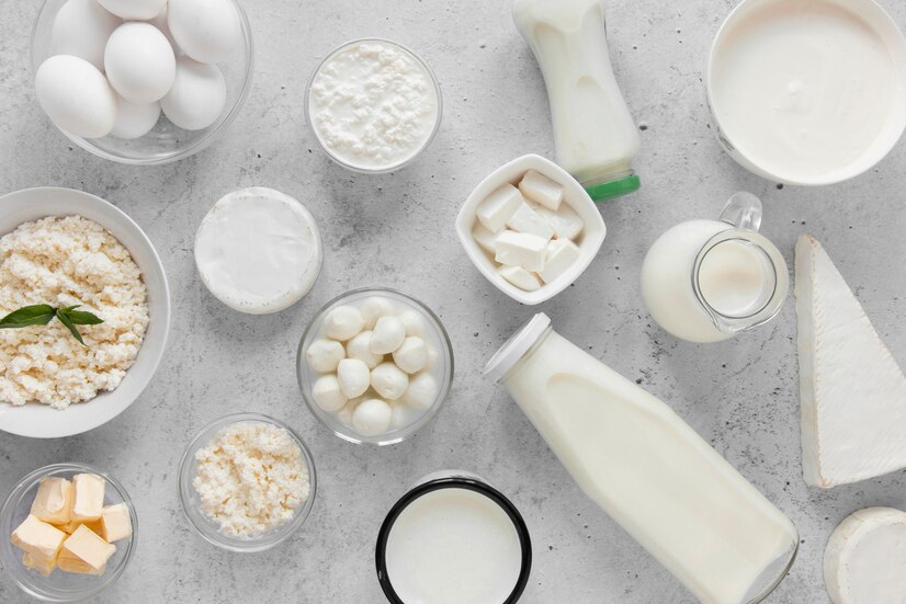 flat lay assortment with dairy products